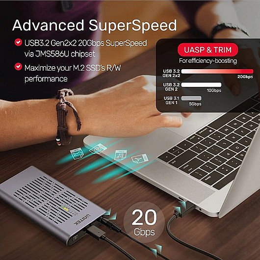 ���� ����� ������ ������ UNITEK SolidForce USB-C to PCIe/NVMe M.2 SSD 20Gbps Dual 