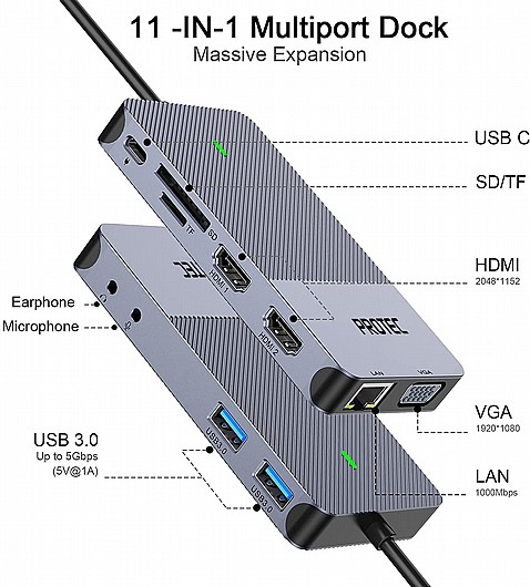 PROTEC DM175 11 In 1 USB-A + USB-C Multiport �����