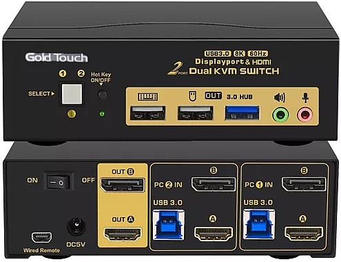 ��� KVM ��� ������ HDMI �-DP �-2 ����� �� ��� Gold Touch KVM-DPHD-2-2-8K