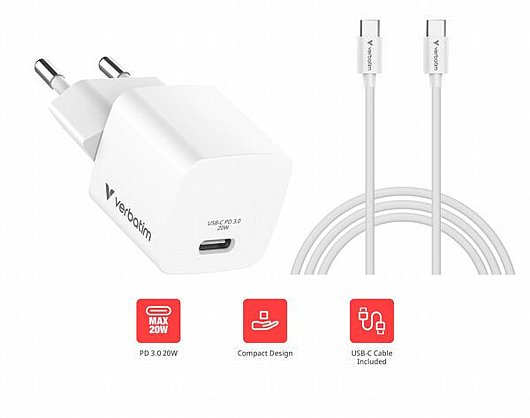 ���� ���� Verbatim GaN Mini GaN Charger 20W with Cable USB-C 32396