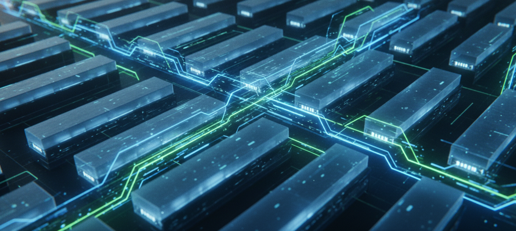 Close-up abstract visualization of glowing memory modules and data pathways pulsing with light, representing speed and data flow, dark background with blue and green neon accents, futuristic and clean, no text