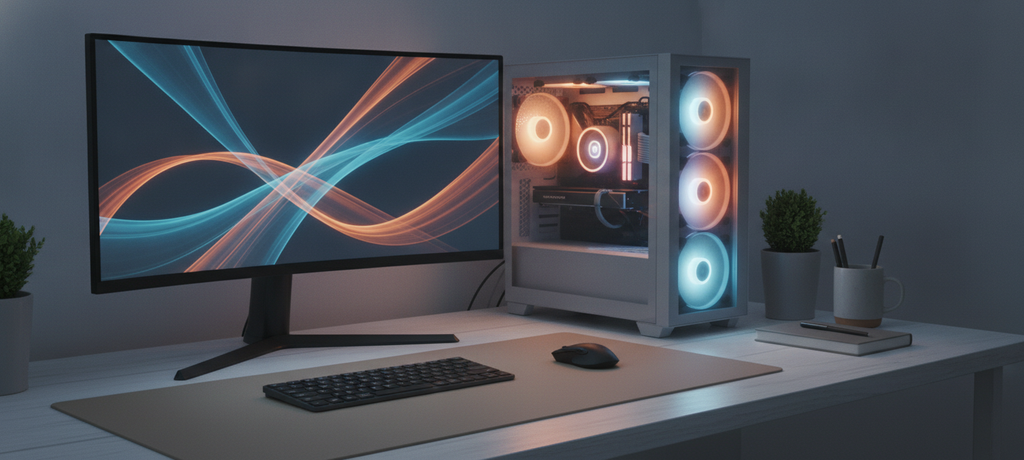 A calm organized desk setup with a glowing computer tower emitting soft ambient light, symbolizing clarity and informed decision-making, warm and cool light balance, peaceful tech atmosphere, no text