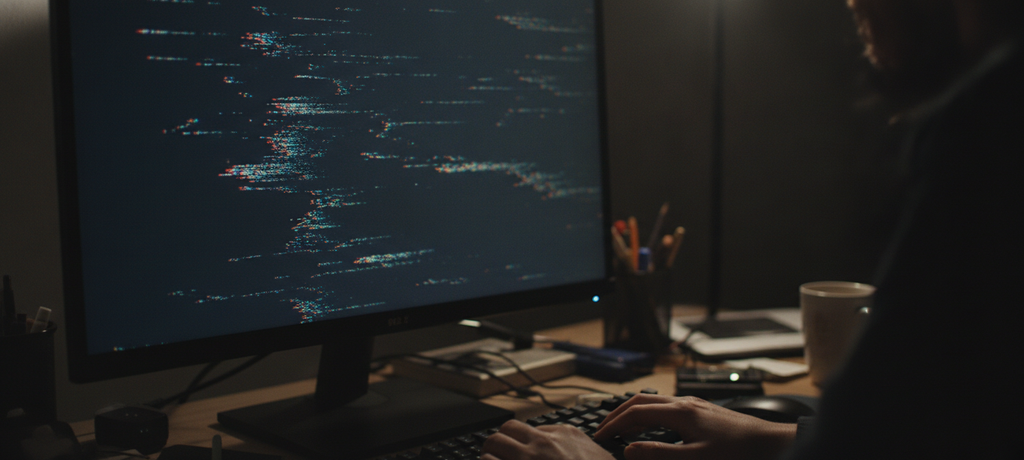 A close-up view of a computer monitor screen displaying faint colorful glitch patterns and flickering light, reflecting subtle confusion and technical mystery, in a dim home office setting