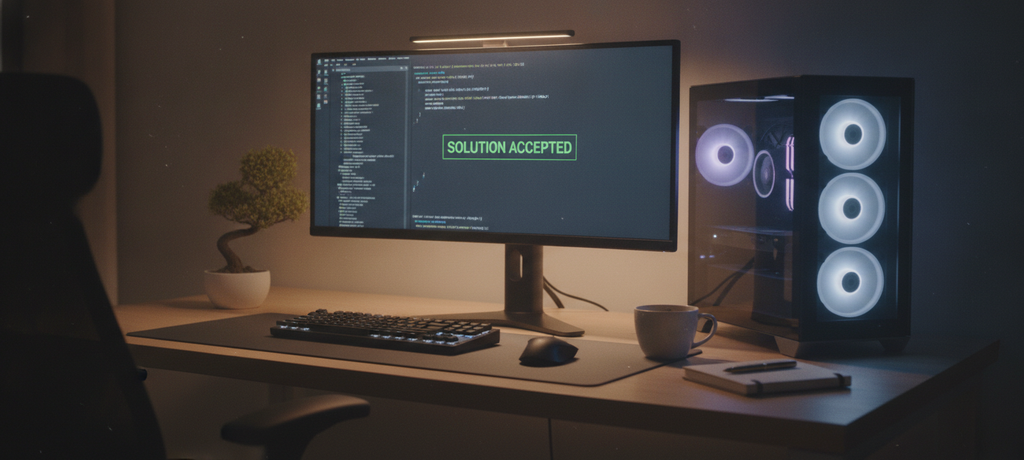 A calm, clean desk setup with a glowing computer tower in the background, soft ambient lighting, conveying a sense of resolution, order, and quiet satisfaction after solving a problem